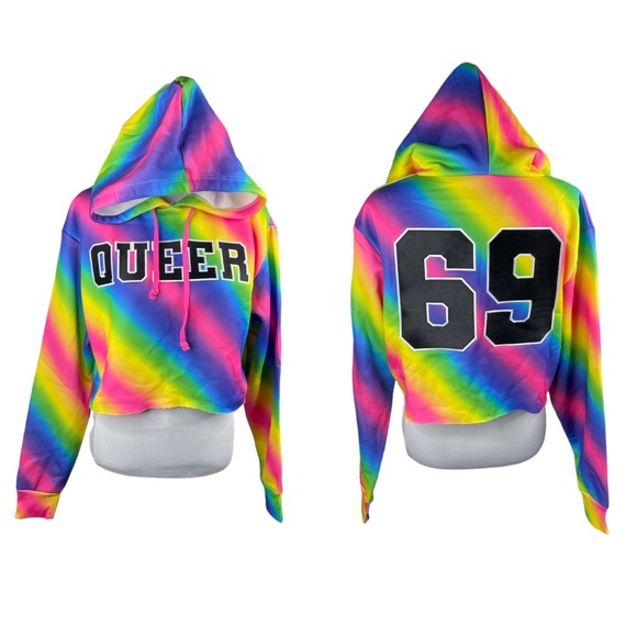 Dolls Kill Club Exx Playful Player Queer 69 Cropped Hoodie Rainbow Size Large - Picture 1 of 11